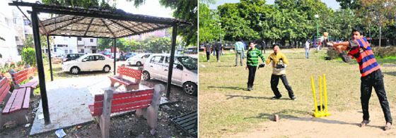 With neighbourhood parks being used as parking lots, (right) children are forced to play in the green belt, inconveniencing elderly persons, in Sector 20, Chandigarh.