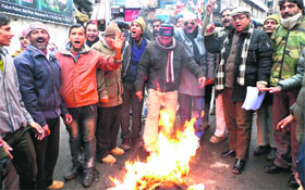 Members of the Uttarakhand Andolankari Manch burn an effigy of the BJP and the Congress in Mussoorie on Saturday. 