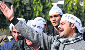 Supporters of the Aam Aadmi Party raise slogans during a rally in Jammu on Sunday.