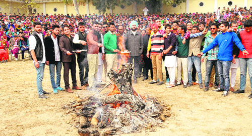 Teachers and students of Government Rajindra College celebrate Lohri in Bathinda on Monday