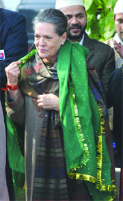 UPA chairperson Sonia Gandhi being felicitated as she sends a 'chadar' to the famous Dargah Kaliyar Sharif situated at Kaliyar village of Haridwar, at her residence in New Delhi on Monday. 