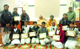 The Dev Sanskriti Yoga contingent being felicitated at Shantikunj in Haridwar on Monday.