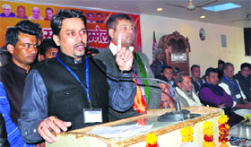 National President of the BJP Yuva Morcha Anurag Thakur addresses a convention of the partys youth wing in Dehradun on Monday.