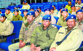 Police personnel during a briefing at the Town Hall in Haridwar on Monday.