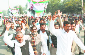 Activists of the Haryana Insaf Manch protest against land scams, in Gurgaon on Monday.