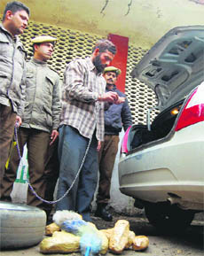 The police recovers packets of charas from a car parked at Exhibition Ground in Jammu on Monday. 