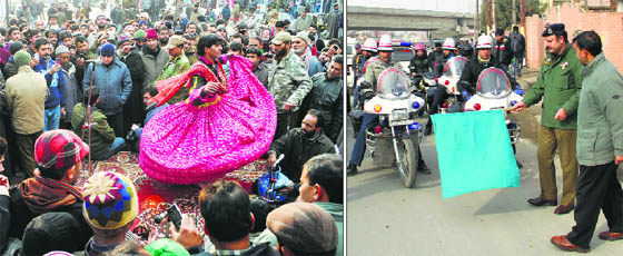 A Kashmiri folk dancer performs a play to spread awareness on road safety during the 25th road safety week organised by the traffic police at Lal Chowk in Srinagar; and (right) SP, traffic, Haseeb-ur-Rehman flags off a motorcycle rally near Hyderpora bypass on Monday.