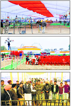 (From top) All set for the SAD-BJP conference; the venue for the Congress rally; and PPP chief Manpreet Badal reviewing the arrangements for Maghi Mela rally in Muktsar on Monday.