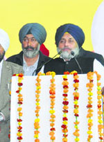 Deputy Chief Minister Sukhbir Badal addresses a gathering in Faridkot on Monday. 