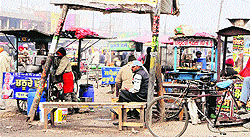 A view of encroachments outsid Suraj Chanda and Tara cinema halls near the bus stand in Amritsar.