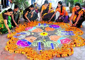 Women design a rangoli during the Pongal celebrations organised by Chandigarh Tamil Sangam in Sector 31 on Tuesday. Tribune photo: Manoj Mahajan