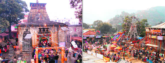 People throng the Bagnath temple at Bageshwar on the occasion of Makar Sankranti on Tuesday; and (right) the Uttarayani mela being held in Bageshwar. 