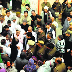 Farmers of Sisana village protest in front of Chief Parliamentary Secretary Jaiveer Singhs residence at Kharkhoda in Sonepat on Tuesday. 