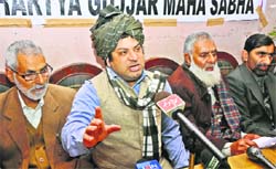President of the Bhartiya Gujjar Mahasabha Eshfaq-ur-Rehman Poswal addresses a press conference in Jammu on Tuesday. Tribune photo: Inderjeet Singh