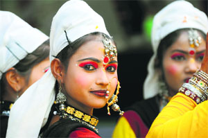 A participant looks into the camera ahead of her performance at the 18th National Youth Festival held at the PAU in Ludhiana on Tuesday