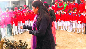 Students and staff members of Sacred Soul Convent Senior Secondary School, Dugri-Dhandra Road, celebrate Lohri.