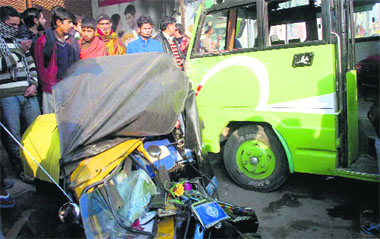 The ill-fated Matador and auto-rickshaw after the accident near Patoli Morh in Jammu on Wednesday. 