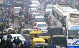 A view of a traffic jam caused by the Congress protest in Amritsar on Thursday