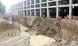 The foundation of the Water Pump House at Kajauli, which is under construction, stands exposed due to flooding after water was released from the pipes for repair work on Thursday