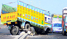 A damaged truck that met with an accident on the Zirakpur flyover on Thursday. No one was injured