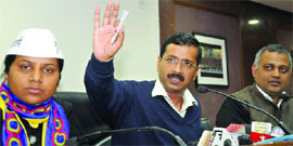 Chief Minister Arvind Kejriwal with his cabinet ministers Rakhi Birla and Somnath Bharti addresses a press conference at Delhi Secretariat in New Delhi on Thursday.