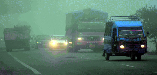 Thick fog in Haridwar on Wednesday affected traffic, forcing drivers to switch on headlights of their vehicles during daytime.