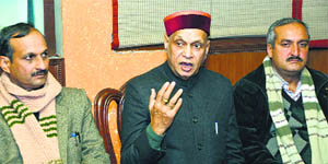 Leader of the Opposition PK Dhumal addresses mediapersons in Una on Thursday. 