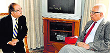 Governor NN Vohra interacts with pro-VC of Central University of Jammu at Raj Bhawan on Thursday