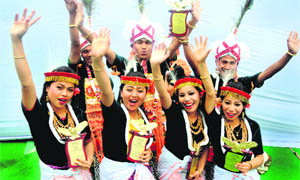 Manipur folk dancers in a jubilant mood after winning at the 18th National Youth Festival at the PAU in Ludhiana on Thursday.
