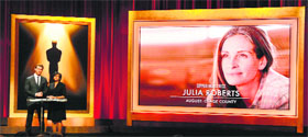 Chris Hemsworth and Academy president Cheryl Boone Isaacs announce Julia Roberts as a nominee for Best Supporting Actress at the 86th Academy Awards nominations announcement in Beverly Hills, California.