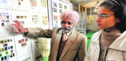 A stamp collector talks to a student at a philately exhibition at Panjab University on Friday. Tribune Photo: Pradeep Tewari