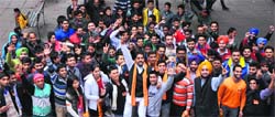 ABVP workers with the newly formed team at the Student Centre of Panjab University on Friday. Tribune Photo: Pradeep Tewari