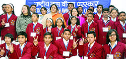25 children who have been selected for the National Bravery Awards -2013 at a press conference in New Delhi on Friday