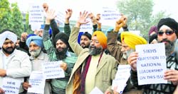 Members of various Sikh organisations protest against the alleged British role in the Operation Bluestar in Jammu on Friday. Tribune photo: Inderjeet Singh