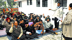Members of the PCCTU hold a protest in Jalandhar on Friday