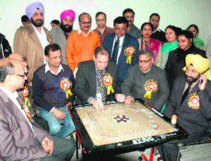 SBoP officials play carrom during the inauguration of the Zonal Athletic Meet in Bathinda on Saturday. 