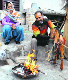 A family sits near a bonfire to drive away the cold in Bathinda on Saturday.