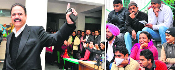 A man in a jubilant mood after his son got admission to Bhavan Vidyalaya Junior School in Sector 33, Chandigarh, on Saturday; and (right) Parents during the draw of lots at KBDAV School, Sector 7, in Chandigarh on Saturday.