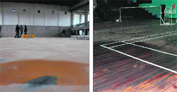 Wet patches at a basketball court; and (right) badminton court in Sector 42, Chandigarh, on Saturday. 