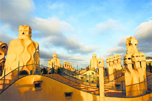 Sculptured chimenys atop Casa Mila. This too was designed by renowned architect Antoni Gaudi