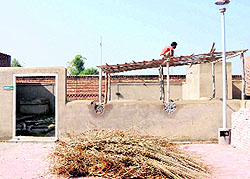 An artisan prepares a thatched roof at heritage village in Guru Nanak Dev University in Amritsar
