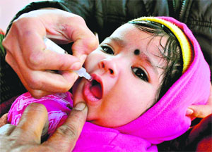 A child being given polio drops in Chandigarh on Sunday. 