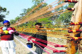 While Ram Singh holds balls of colourful kite threads, his workers are busy preparing other ones by applying glass powder and colours on them along a road at Maqsudan in Jalandhar on Sunday