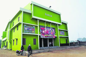 A cinema hall painted green at Bhabua town in Bihar. Bhabua got new status of "Green Bhabua" after the town was painted green on the lines of "Pink City" Jaipur.