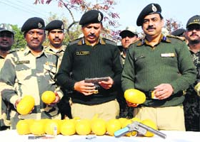 AK Tomar, BSF IG (centre), with the seized contraband