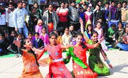 Students perform a play at the Sector 17 Plaza in Chandigarh on Monday.