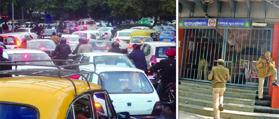 A heavy traffic jam at Ashok Road, (right) Central Secretariat Metro Station is closed due to the protest of the AAP near Rail Bhavan in New Delhi on Monday. 