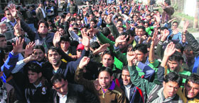 Students from SC, ST and OBC communities stage a dharna near Vidhan Sabha in Dehradun on Monday.
