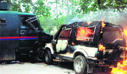 Vehicles set on fire during communal clashes in Kishtwar town on August 9 last year. A file Photograph