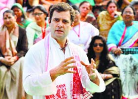 Congress vice-president Rahul Gandhi interacts with women workers to seek their opinion on party manifesto for the Lok Sabha elections, in Bhopal on Monday